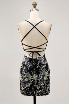 Sparkly Black Floral Short Tight Homecoming Dress with Beading