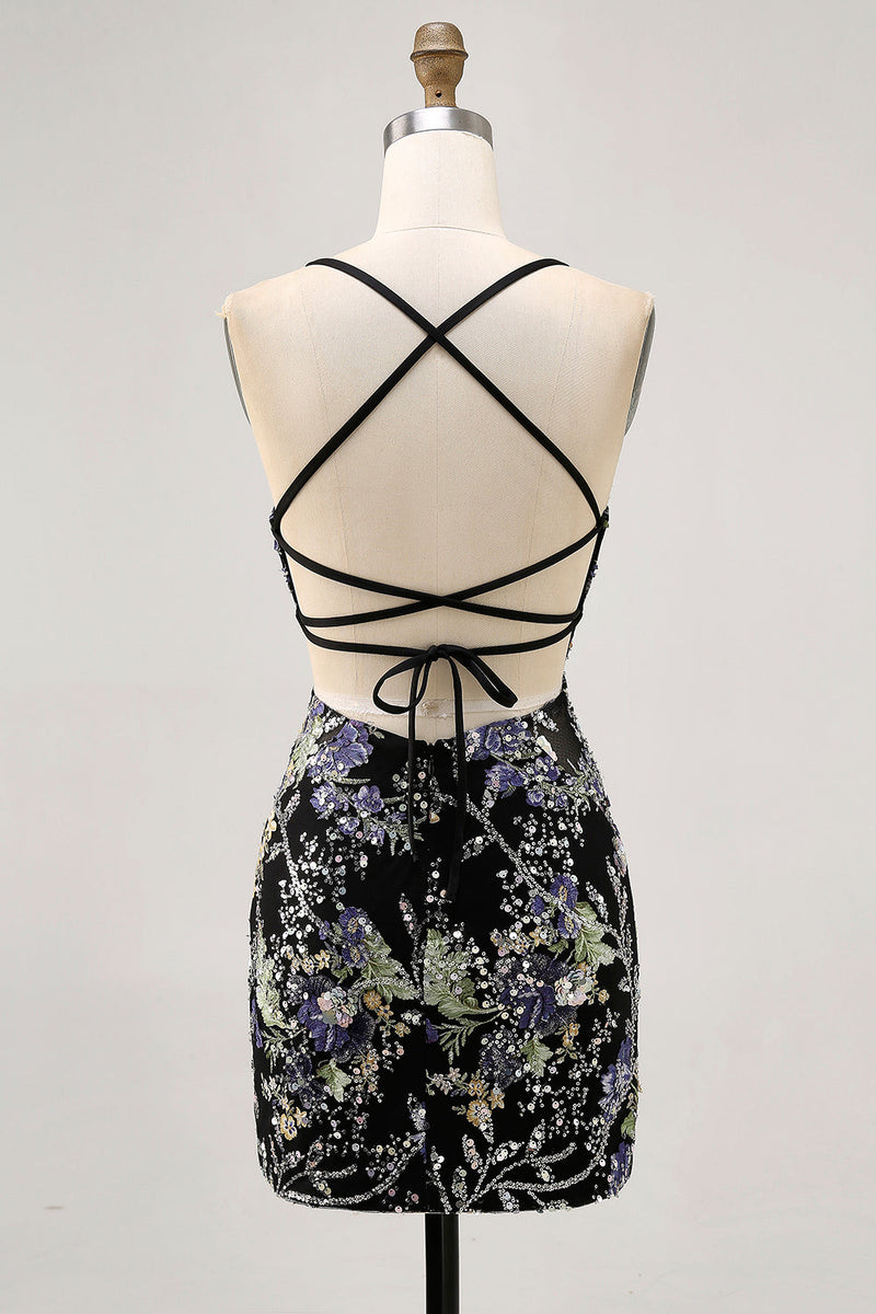 Load image into Gallery viewer, Sparkly Black Floral Short Tight Homecoming Dress with Beading