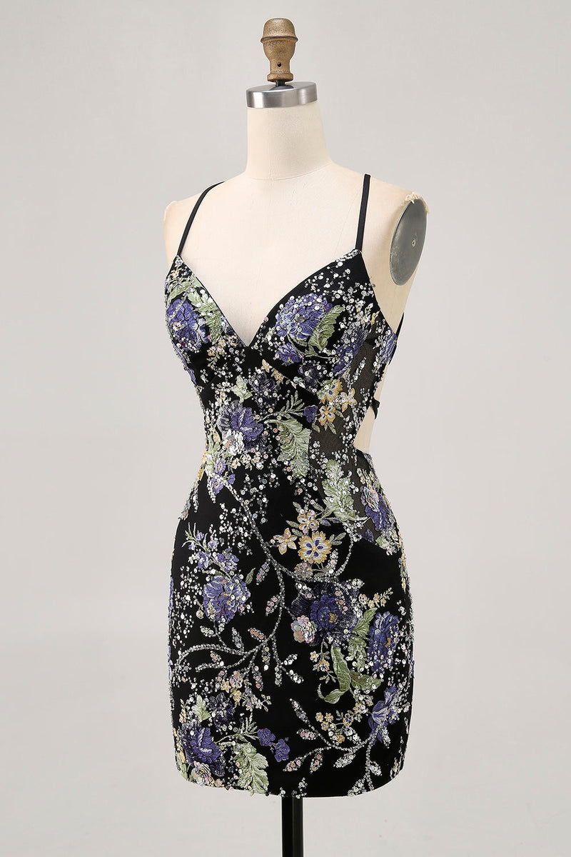 Load image into Gallery viewer, Sparkly Black Floral Short Tight Homecoming Dress with Beading