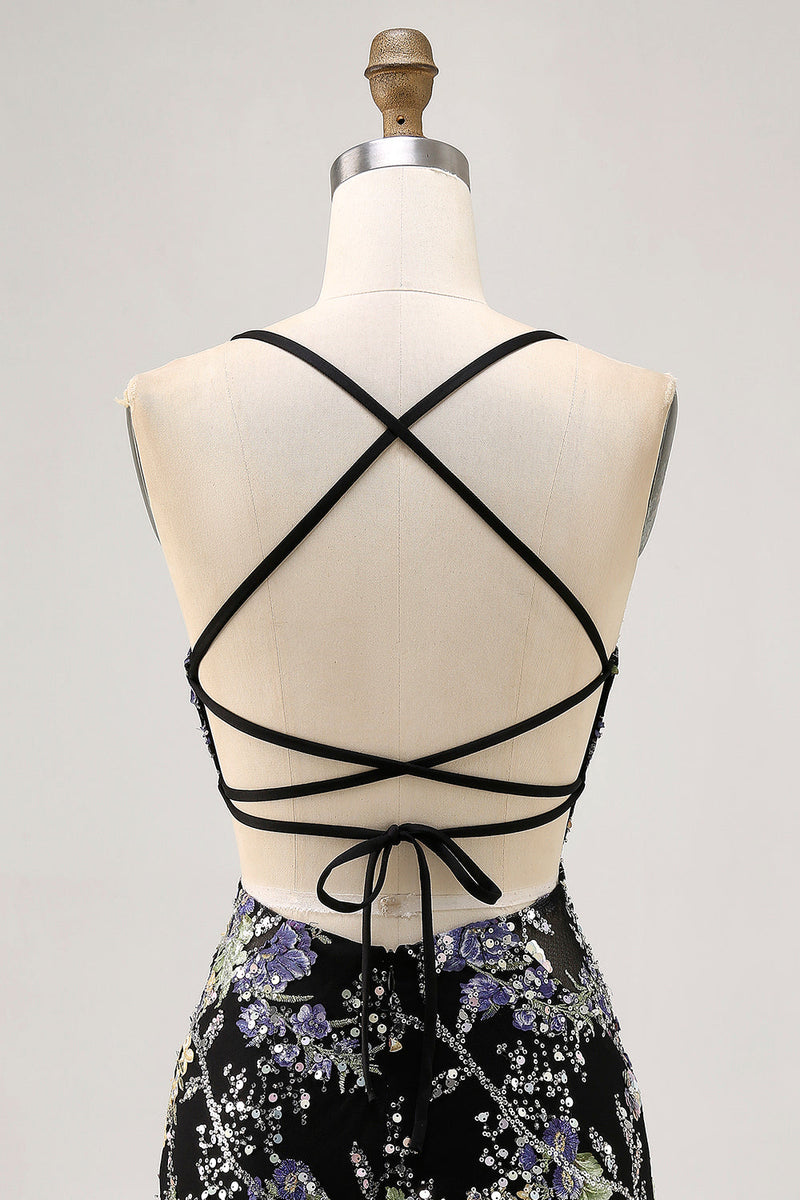Load image into Gallery viewer, Sparkly Black Floral Short Tight Homecoming Dress with Beading