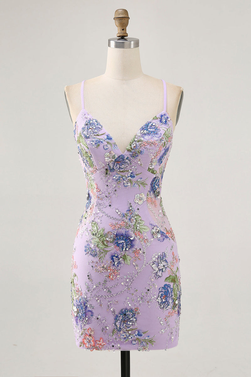 Load image into Gallery viewer, Sparkly Short Lilac Tight Beaded Floral Sequins Homecoming Dress