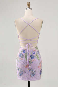 Sparkly Short Lilac Tight Beaded Floral Sequins Homecoming Dress