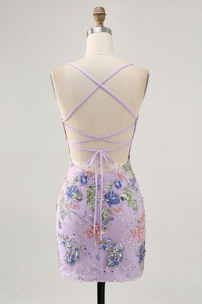 Load image into Gallery viewer, Sparkly Short Lilac Tight Beaded Floral Sequins Homecoming Dress