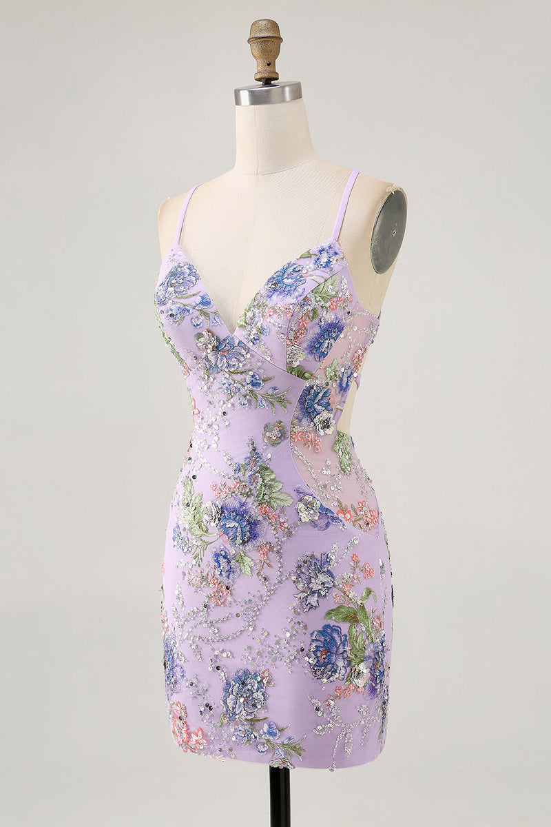 Load image into Gallery viewer, Sparkly Short Lilac Tight Beaded Floral Sequins Homecoming Dress