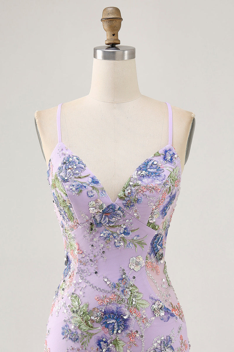 Load image into Gallery viewer, Sparkly Short Lilac Tight Beaded Floral Sequins Homecoming Dress