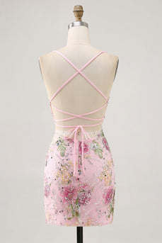 Sparkly Short Pink Floral Beaded Tight Homecoming Dress with Sequins