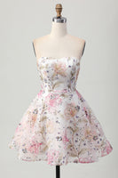 Load image into Gallery viewer, Sparkly Pink Floral Short A Line Homecoming Dress