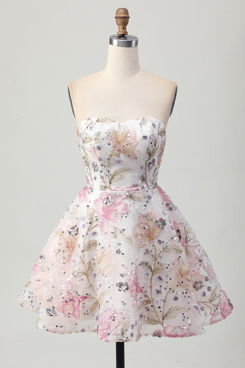 Load image into Gallery viewer, Sparkly Pink Floral Short A Line Homecoming Dress