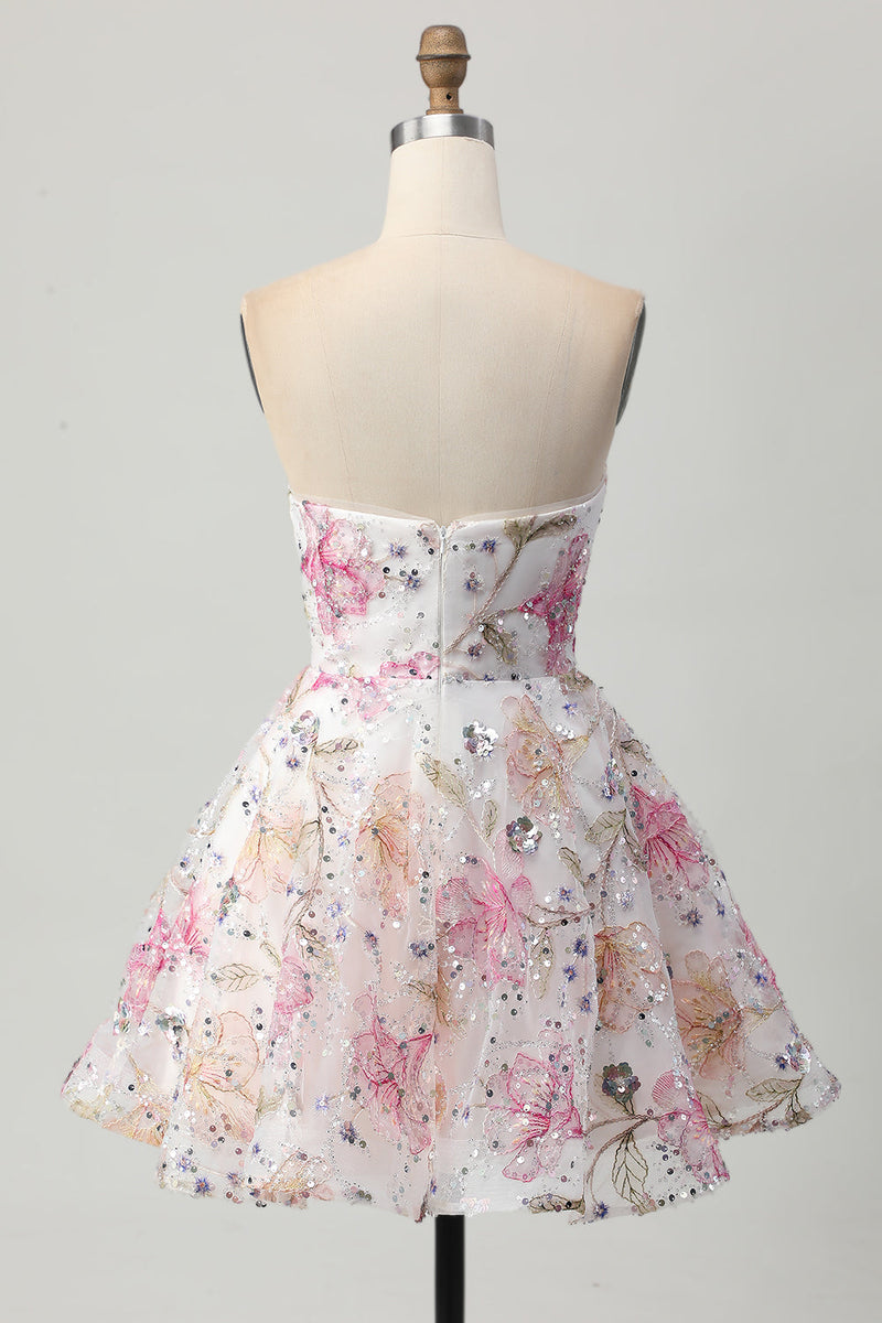 Load image into Gallery viewer, Sparkly Pink Floral Short A Line Homecoming Dress
