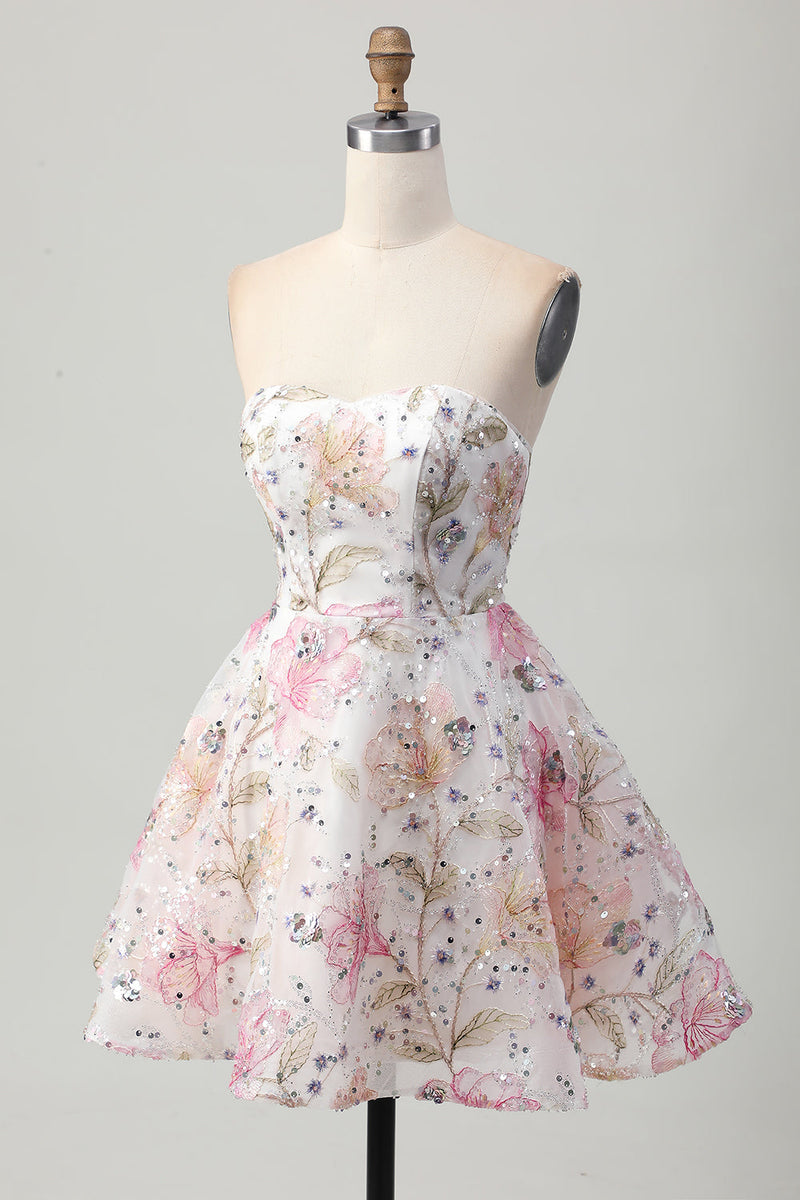 Load image into Gallery viewer, Sparkly Pink Floral Short A Line Homecoming Dress