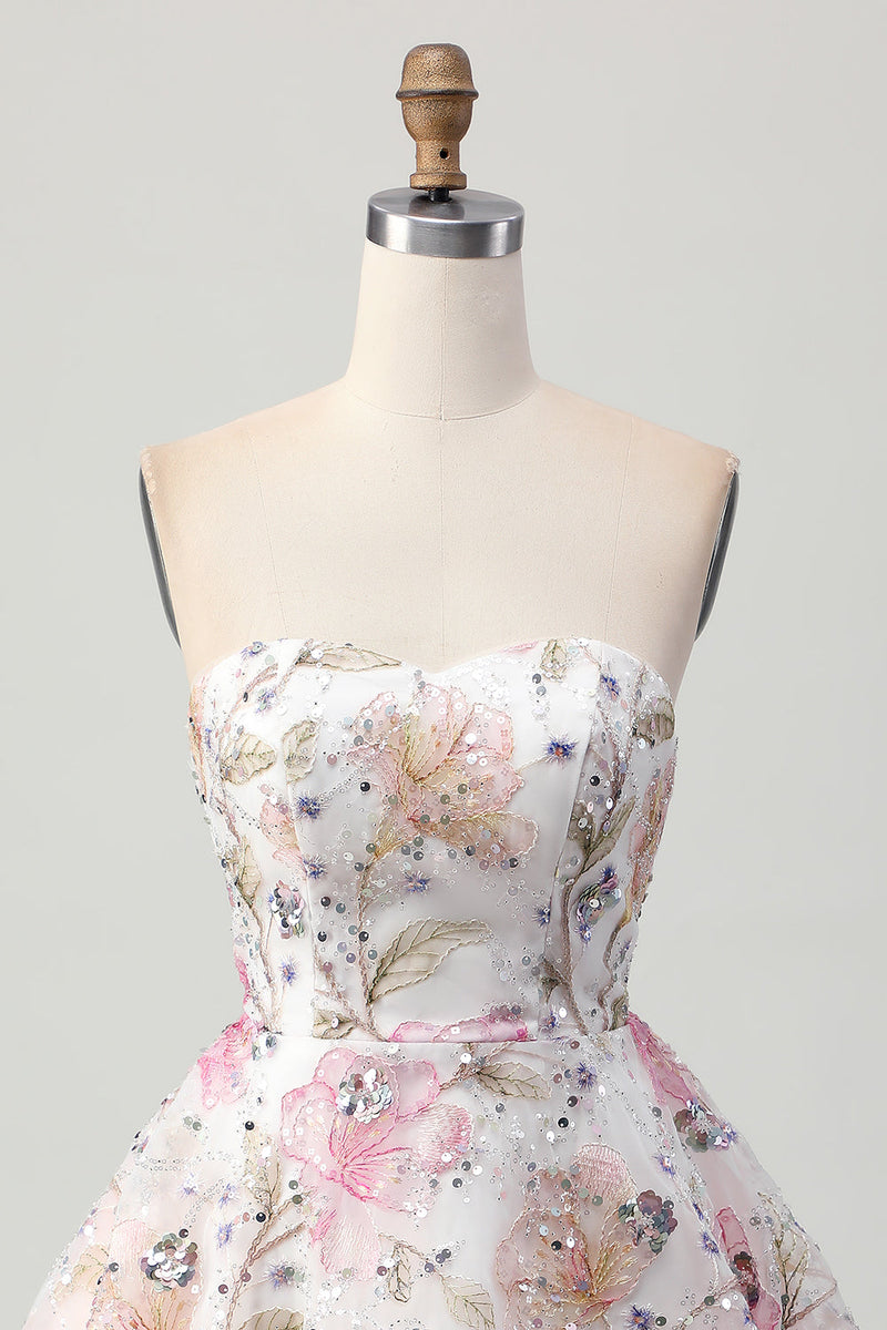 Load image into Gallery viewer, Sparkly Pink Floral Short A Line Homecoming Dress