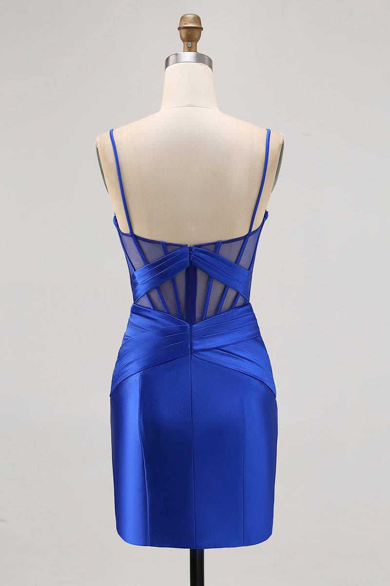 Load image into Gallery viewer, Royal Blue Satin Corset Ruched Tight Short Homecoming Dress with Slit