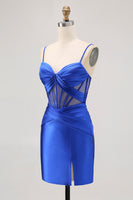 Load image into Gallery viewer, Royal Blue Satin Corset Ruched Tight Short Homecoming Dress with Slit