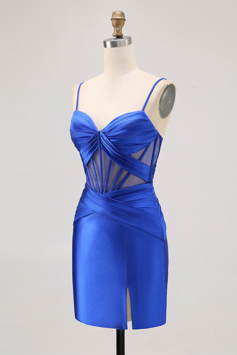 Load image into Gallery viewer, Royal Blue Satin Corset Ruched Tight Short Homecoming Dress with Slit