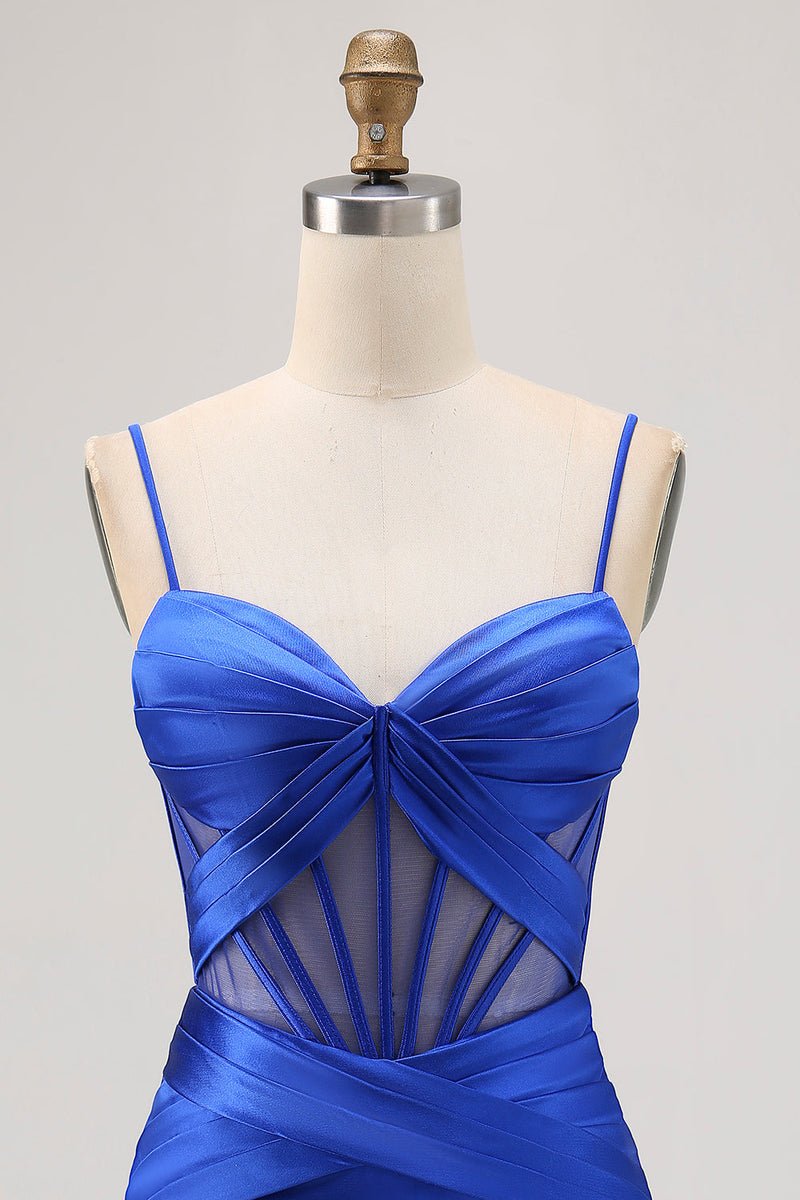 Load image into Gallery viewer, Royal Blue Satin Corset Ruched Tight Short Homecoming Dress with Slit