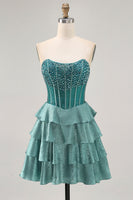 Load image into Gallery viewer, Sparkly Peacock Green Corset Tiered Strapless Short Homecoming Dress