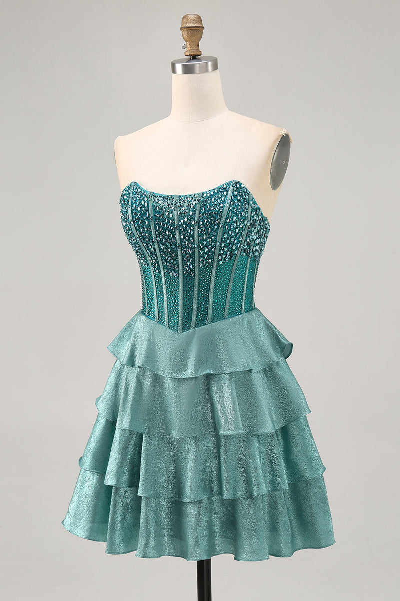 Load image into Gallery viewer, Sparkly Peacock Green Corset Tiered Strapless Short Homecoming Dress
