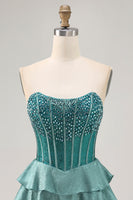 Load image into Gallery viewer, Sparkly Peacock Green Corset Tiered Strapless Short Homecoming Dress