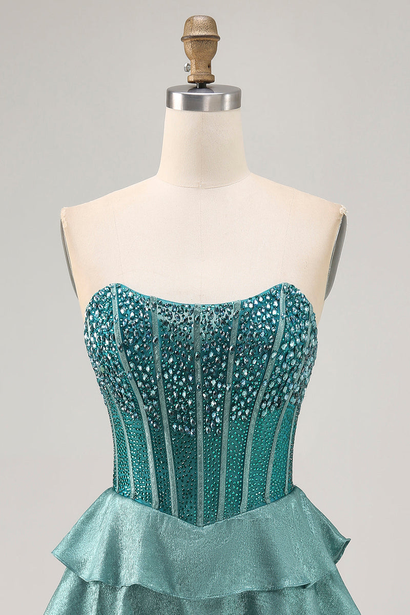Load image into Gallery viewer, Sparkly Peacock Green Corset Tiered Strapless Short Homecoming Dress