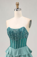 Load image into Gallery viewer, Sparkly Peacock Green Corset Tiered Strapless Short Homecoming Dress
