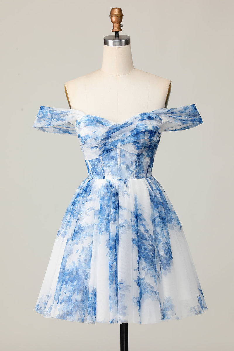 Load image into Gallery viewer, White Blue Flower A Line Off the Shoulder Short Homecoming Dress
