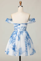 Load image into Gallery viewer, White Blue Flower A Line Off the Shoulder Short Homecoming Dress