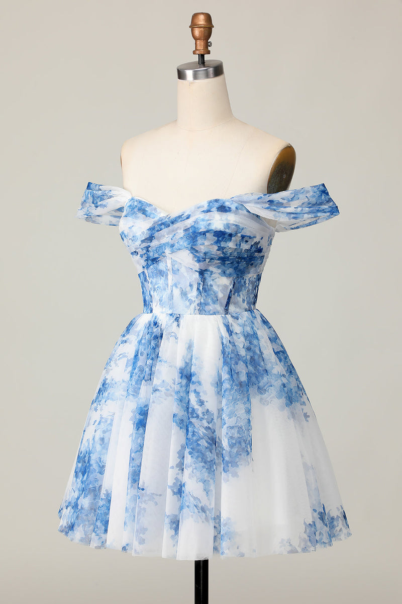 Load image into Gallery viewer, White Blue Flower A Line Off the Shoulder Short Homecoming Dress