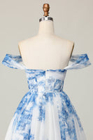 Load image into Gallery viewer, White Blue Flower A Line Off the Shoulder Short Homecoming Dress