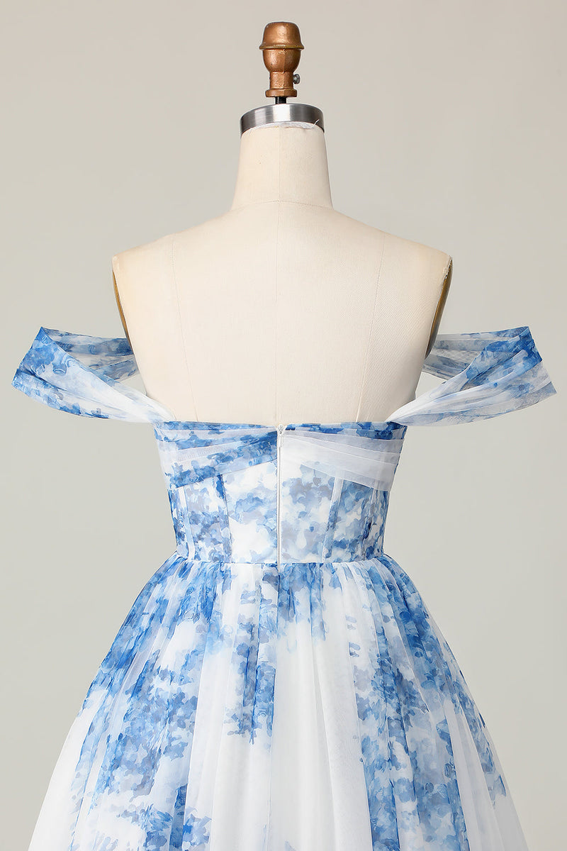Load image into Gallery viewer, White Blue Flower A Line Off the Shoulder Short Homecoming Dress