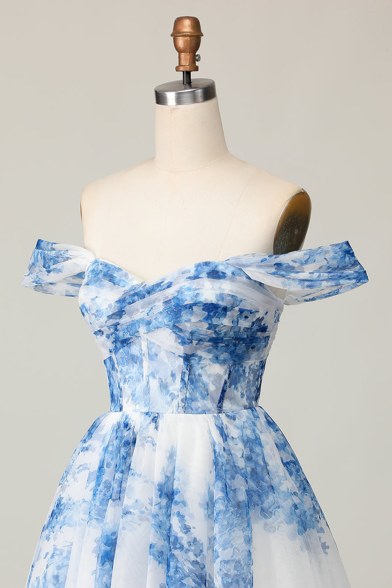 Load image into Gallery viewer, White Blue Flower A Line Off the Shoulder Short Homecoming Dress