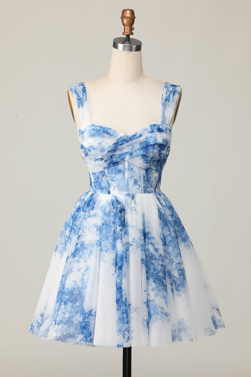 Load image into Gallery viewer, White Blue Flower A Line Off the Shoulder Short Homecoming Dress