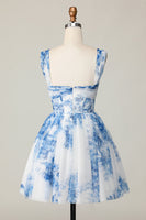 Load image into Gallery viewer, White Blue Flower A Line Off the Shoulder Short Homecoming Dress