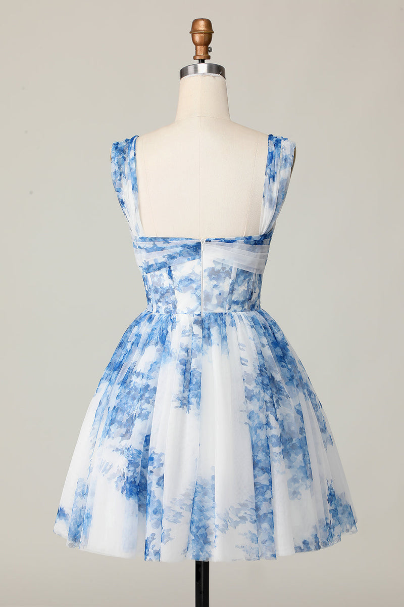 Load image into Gallery viewer, White Blue Flower A Line Off the Shoulder Short Homecoming Dress