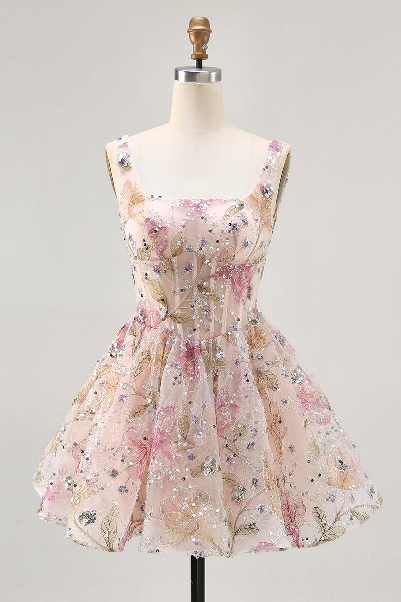 Load image into Gallery viewer, Sparkly Floral Pink Corset Beaded Short Homecoming Dress with Sequins