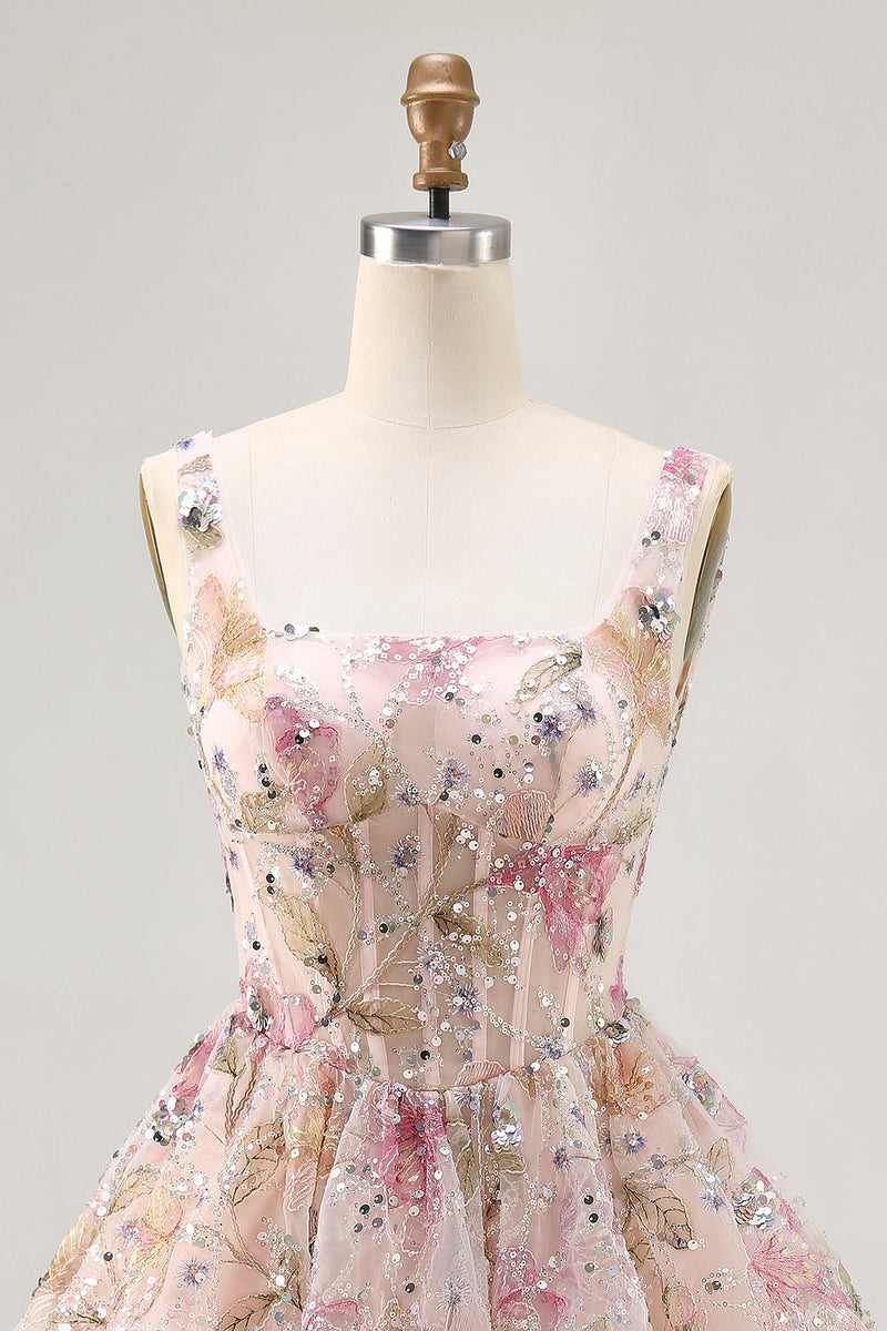 Load image into Gallery viewer, Sparkly Floral Pink Corset Beaded Short Homecoming Dress with Sequins