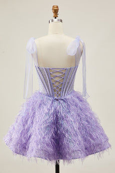 Sparkly Lilac A Line Beaded Short Corset Homecoming Dress with Feathers