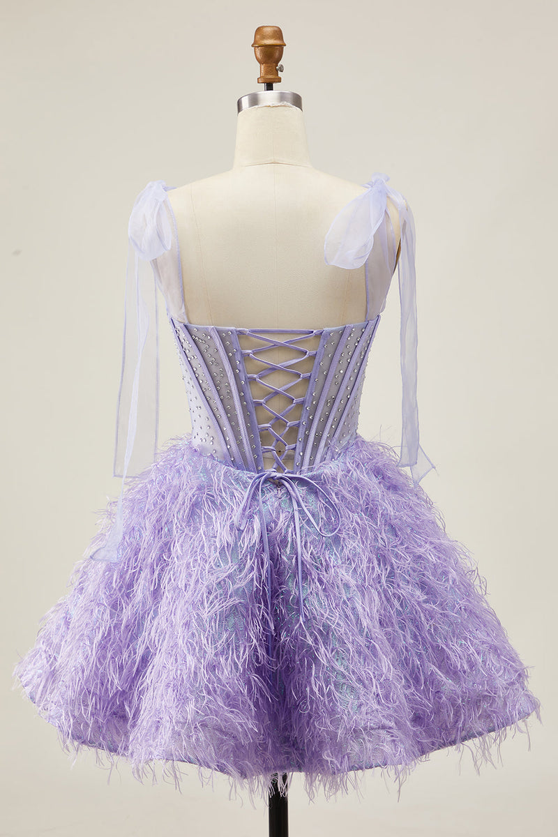 Load image into Gallery viewer, Sparkly Lilac A Line Beaded Short Corset Homecoming Dress with Feathers