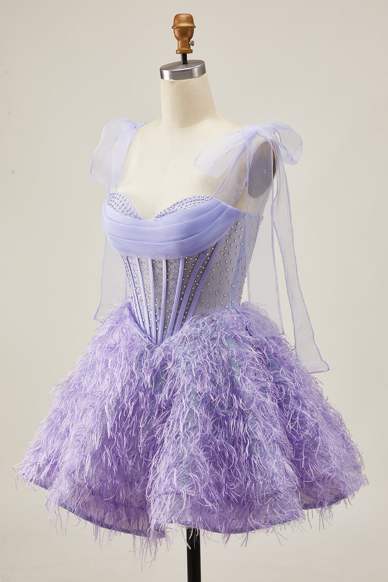 Load image into Gallery viewer, Sparkly Lilac A Line Beaded Short Corset Homecoming Dress with Feathers
