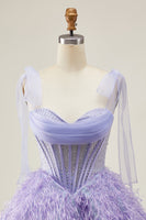 Load image into Gallery viewer, Sparkly Lilac A Line Beaded Short Corset Homecoming Dress with Feathers
