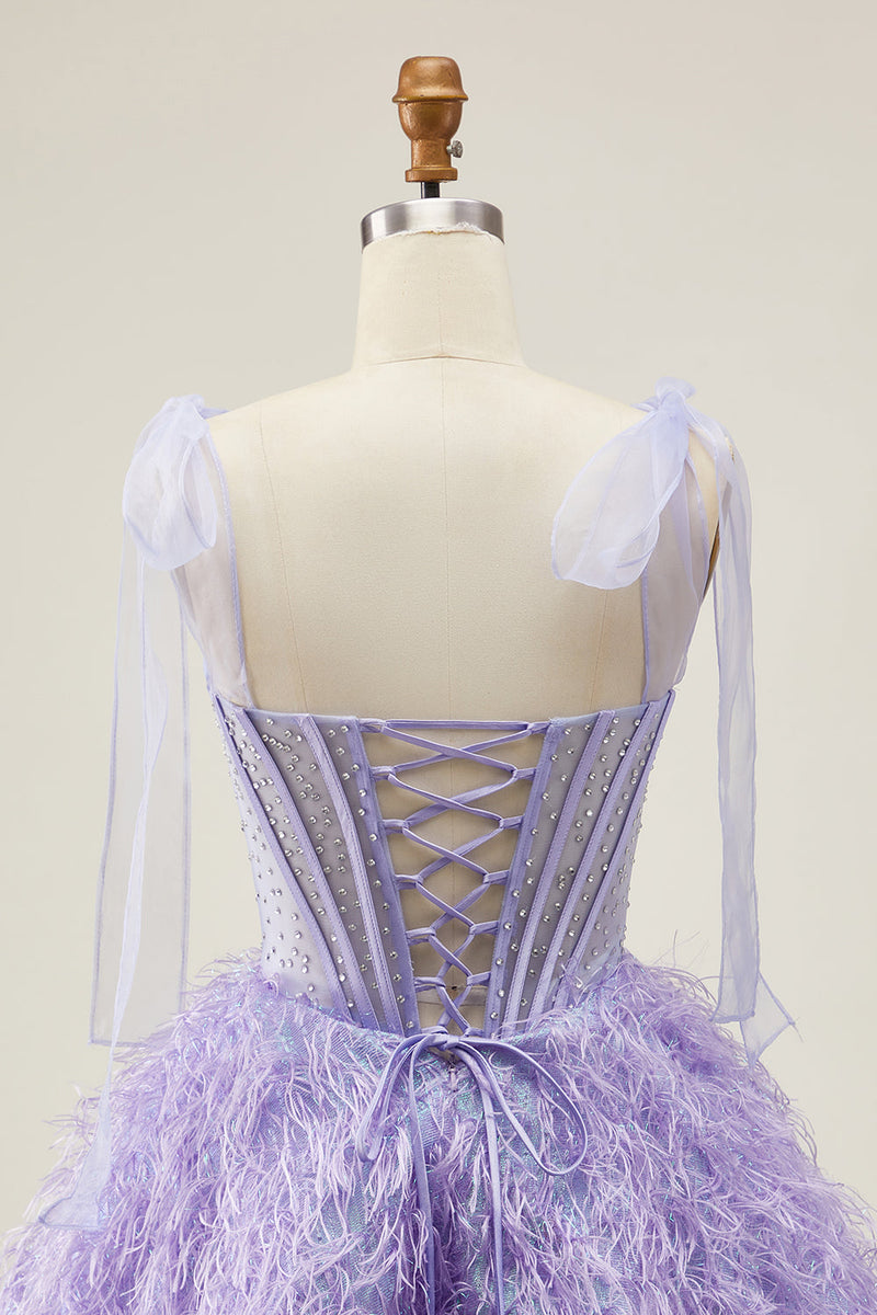 Load image into Gallery viewer, Sparkly Lilac A Line Beaded Short Corset Homecoming Dress with Feathers