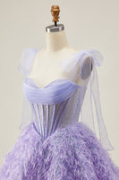 Load image into Gallery viewer, Sparkly Lilac A Line Beaded Short Corset Homecoming Dress with Feathers
