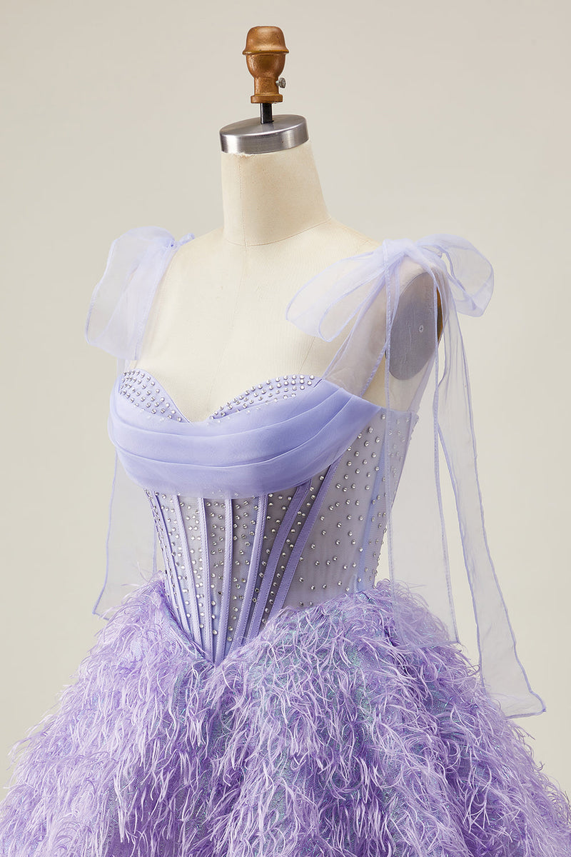 Load image into Gallery viewer, Sparkly Lilac A Line Beaded Short Corset Homecoming Dress with Feathers