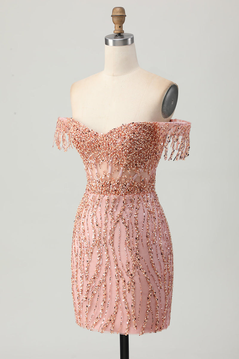 Load image into Gallery viewer, Dusty Rose Sparkly Corset Bodycon Short Homecoming Dress with Beading
