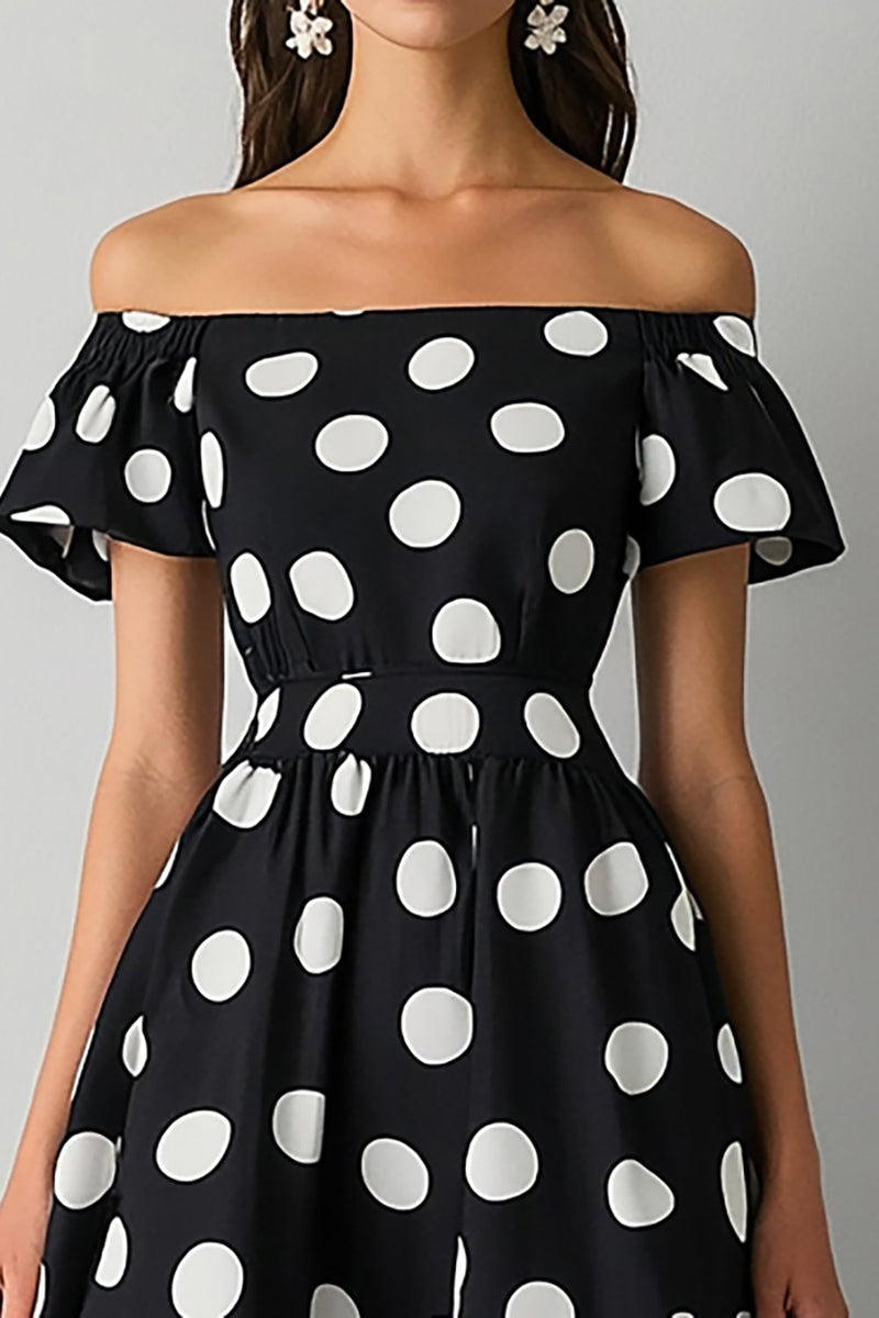 Queendancer Women Black and White Satin Maxi Polka Dot Dress A Line