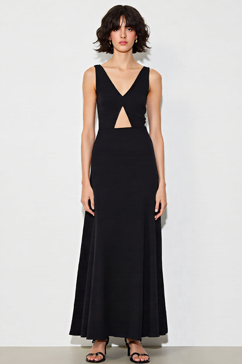 Load image into Gallery viewer, Satin Cut Out A Line V-Neck Long Black Tie Dress