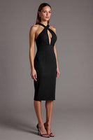 Load image into Gallery viewer, Black Satin Halter Bodycon Keyhole Midi Cocktail Dress