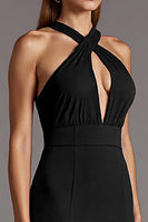 Load image into Gallery viewer, Black Satin Halter Bodycon Keyhole Midi Cocktail Dress