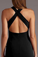 Load image into Gallery viewer, Black Satin Halter Bodycon Keyhole Midi Cocktail Dress