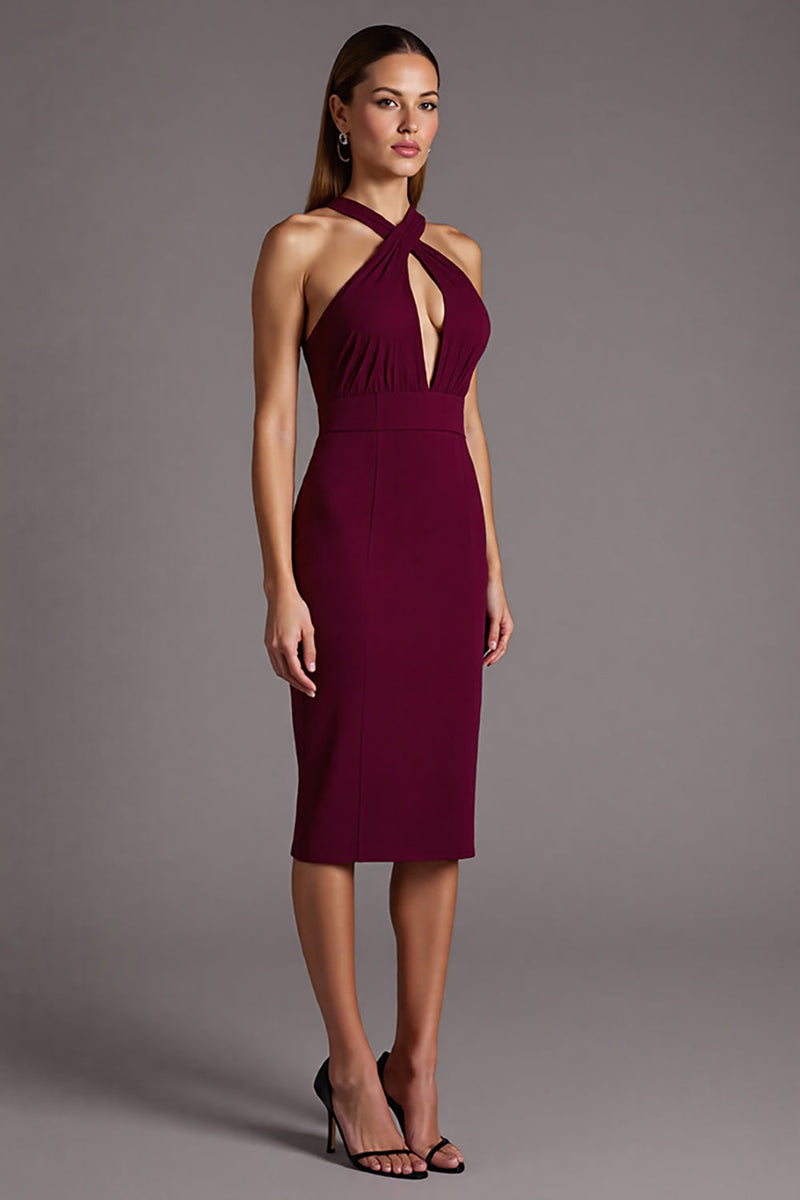 Load image into Gallery viewer, Black Satin Halter Bodycon Keyhole Midi Cocktail Dress