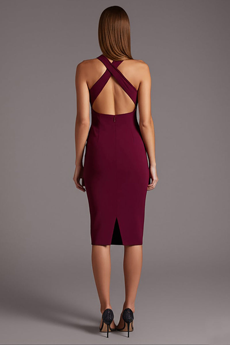 Load image into Gallery viewer, Black Satin Halter Bodycon Keyhole Midi Cocktail Dress